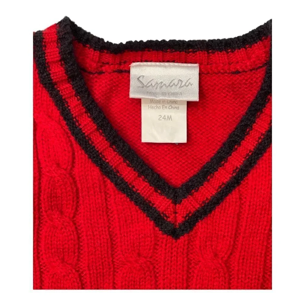 SAMARA V-Neck Pullover Sweater Vest Boy's Size 24 Months Red Navy Trim Christmas